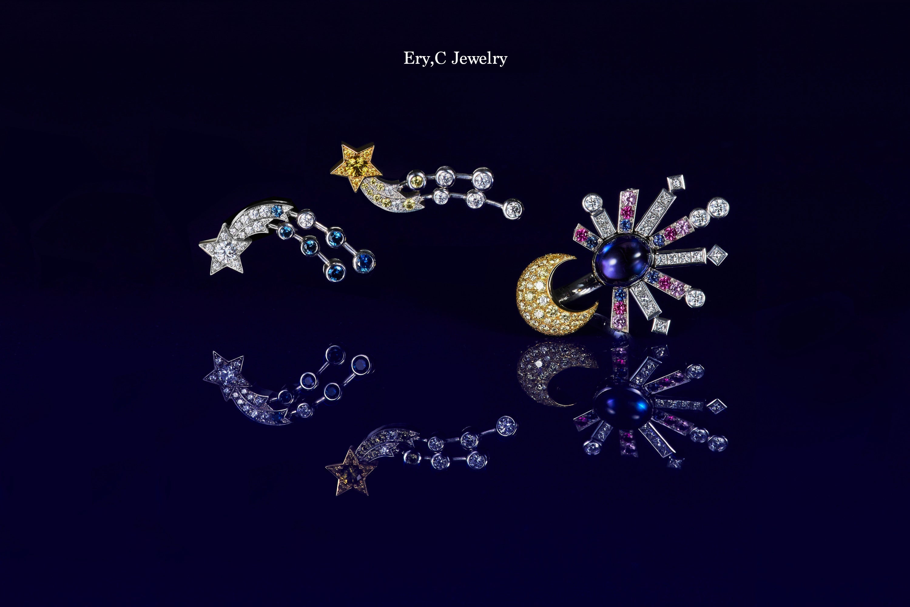 Ery,C Jewelry イリーシージュエリー 夜soraコレクション|リング(タンザナイト・サファイア・イエローダイヤモンド・カナダマークダイヤモンド/18Kライム&ホワイトゴールド)とピアス(サファイア・ダイヤモンド/18Kホワイト&イエローゴールド)|月の光や天の川、流れ星や星、三日月など天体をイメージした幻想的な高級ジュエリー