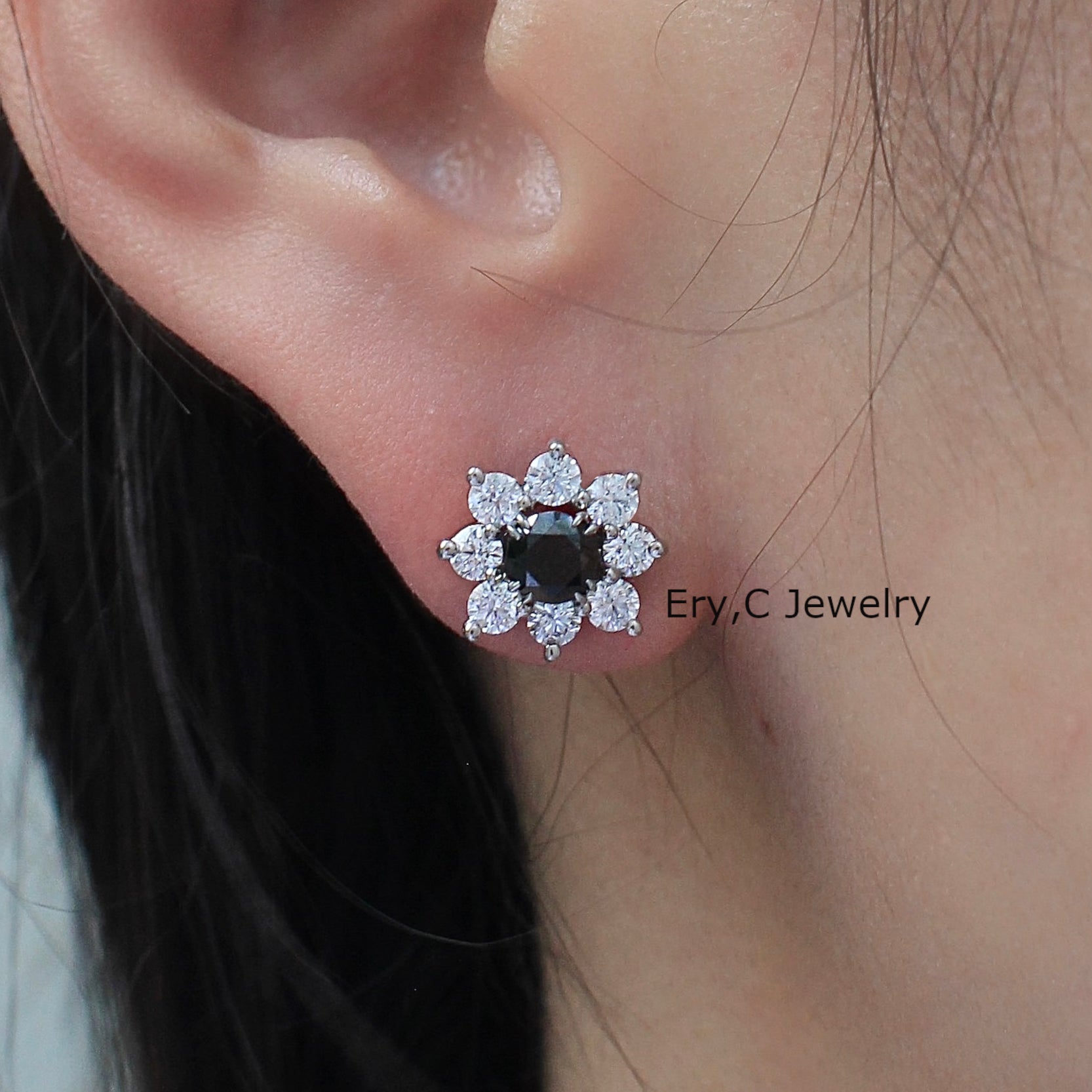 Black Diamond Stud Earrings, Removable Diamond Halo Jackets, 2way Pierced Earrings