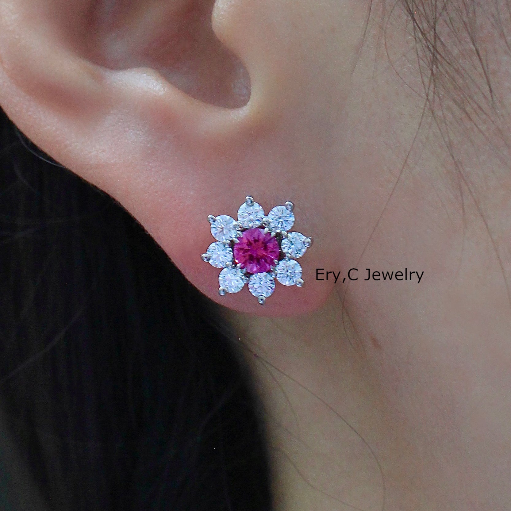 Pink Sapphire Stud Earrings, Removable Diamond Halo Jackets, 2way Pierced Earrings