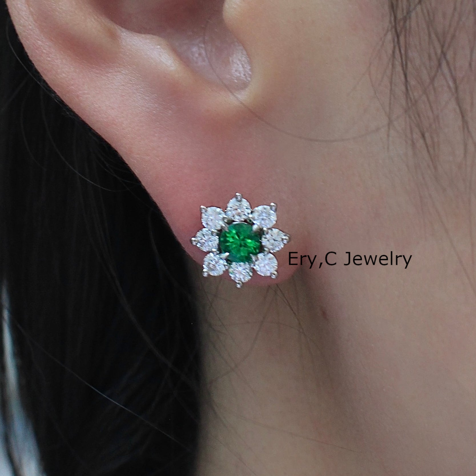 Tsavorite Stud Earrings, Removable Diamond Halo Jackets, 2way Pierced Earrings