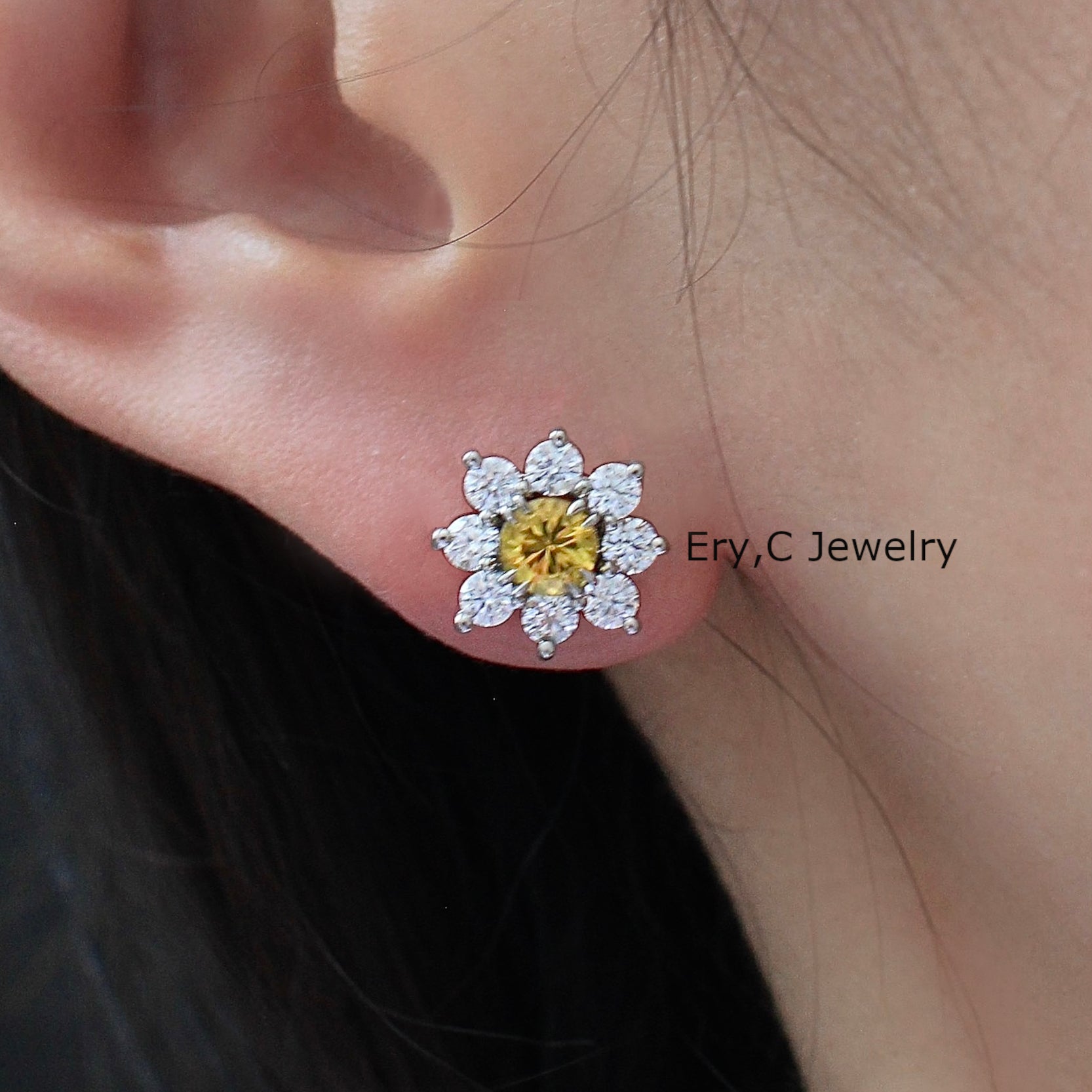 Yellow Sapphire Stud Earrings, Removable Diamond Halo Jackets, 2way Pierced Earrings