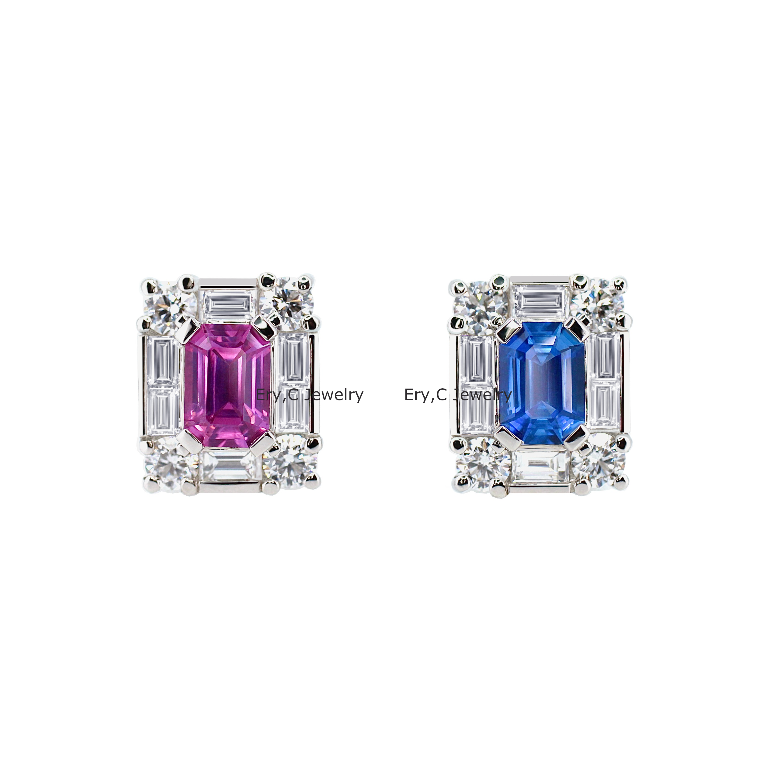 Blue and Pink Sapphire 1.79ct, Diamond 1.70ct, , Asymmetric Color Earr