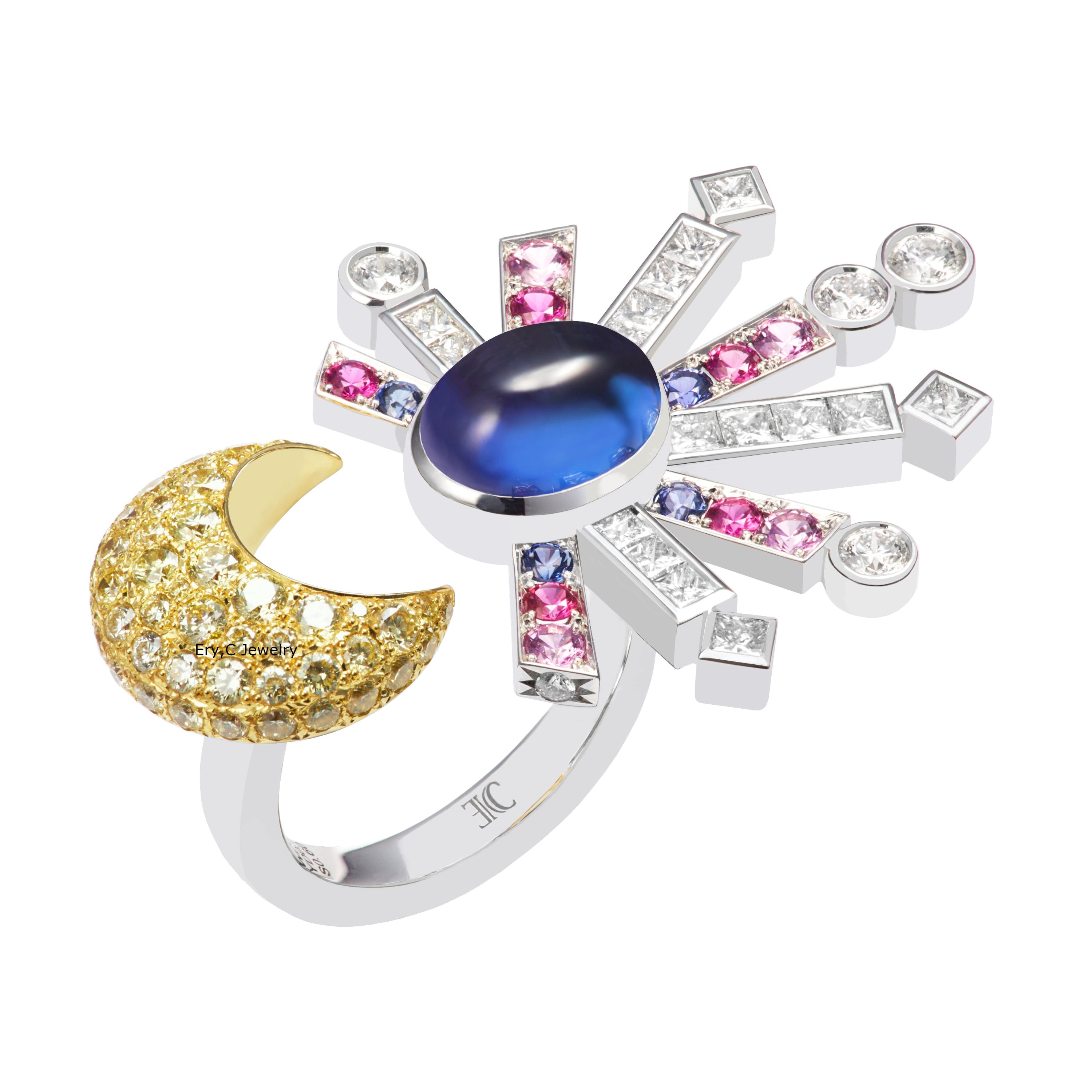 イリーシージュエリー Ery,C Jewelry　eryc jewelry　夜sora　三日月のリング　夜空 星 ミルキーウェイ 流れ星 サファイア　イエローダイヤモンド　タンザナイト　カボション　リング　指輪 カラーダイヤモンド　天の川　月　三日月　指輪　リング　ビトウィーン フィンガーリング　 ハイジュエリー　コメットリング　ジュエリーコーデ　milkyway　trail jewelry　high jewelry moon ring star diamond rings gold jewelry comet star trail tanzanite cabochon blue pink sapphire yellow diamond between finger ring 青い ピンク VVS VS between finger ring　アート 5ct　５カラット　誕生日プレゼント　ご褒美ジュエリー　クリスマスプレゼント